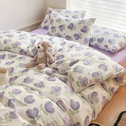 Ins Simple Flower Bed LinenTwin Full Queen King Size Bed Sheets Set  Adults Kids Floral Bed Comforter Sets Bed Duvets Kawaii Good Vibrations