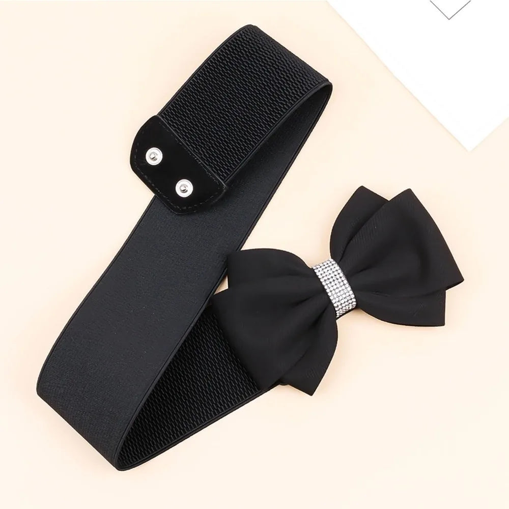 Women's Elastic Bow Belt Wide Rhinestone Stretch Belts Ladies Waist Accessories for Dress Jeans Good Vibrations