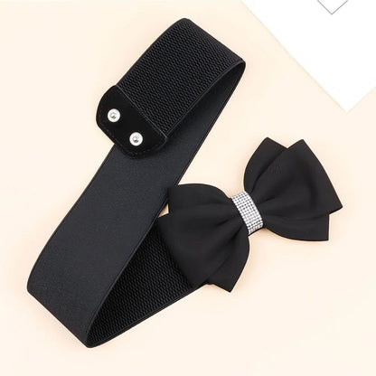 Women's Elastic Bow Belt Wide Rhinestone Stretch Belts Ladies Waist Accessories for Dress Jeans Good Vibrations