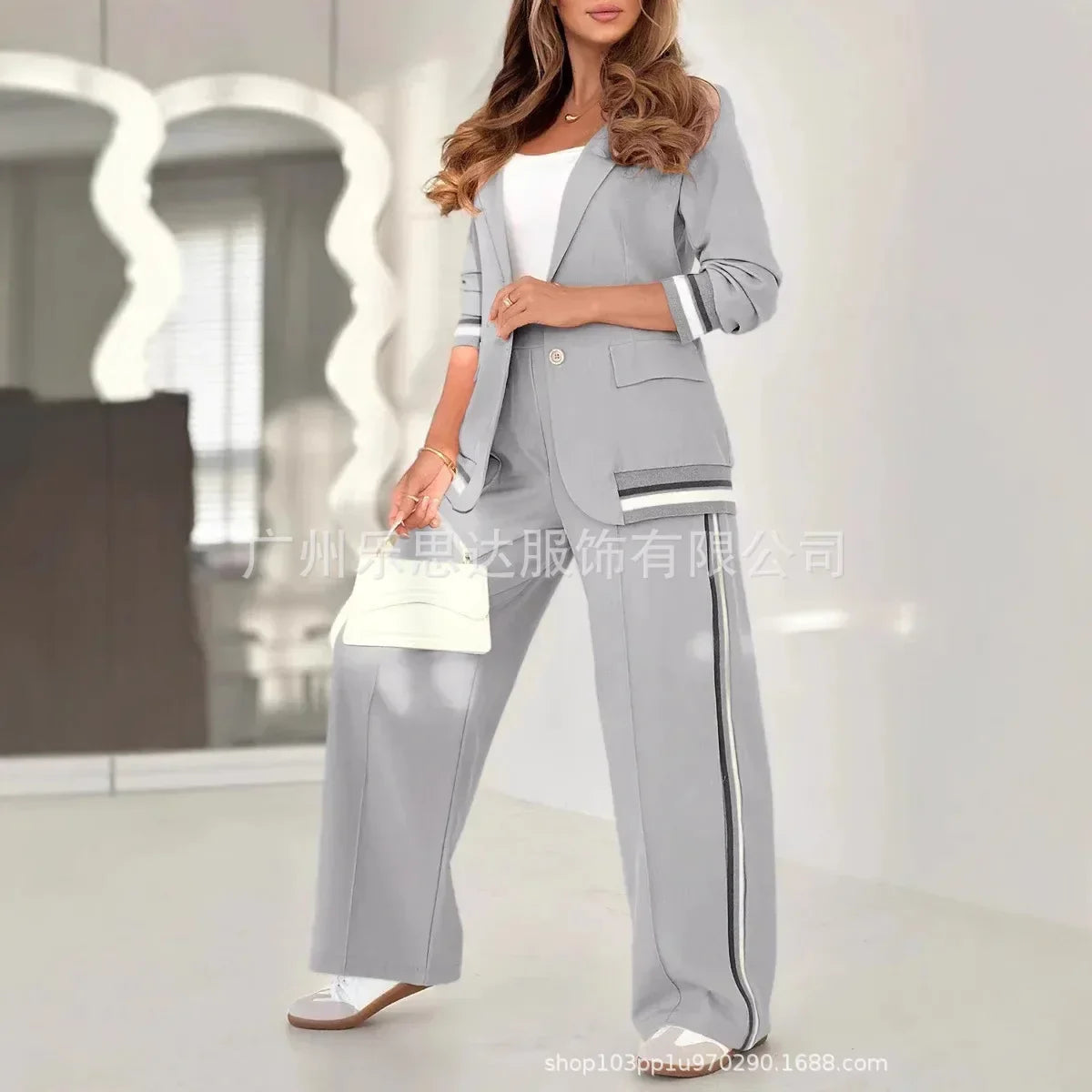 Women Suit Jacket 2 Piece Sets Striped Blazer Coat Turn Down Collar Single Breasted Wide Leg Pants Ensemble Office Lady Outfits Good Vibrations