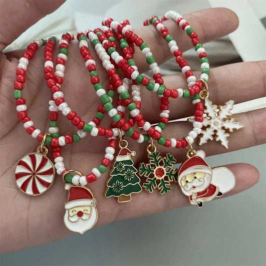 Christmas Necklaces for Women Girls Handmade Rice Beads X'mas Tree Santa Claus Snowman Gift Necklace Pendant New Year Jewelry Good Vibrations