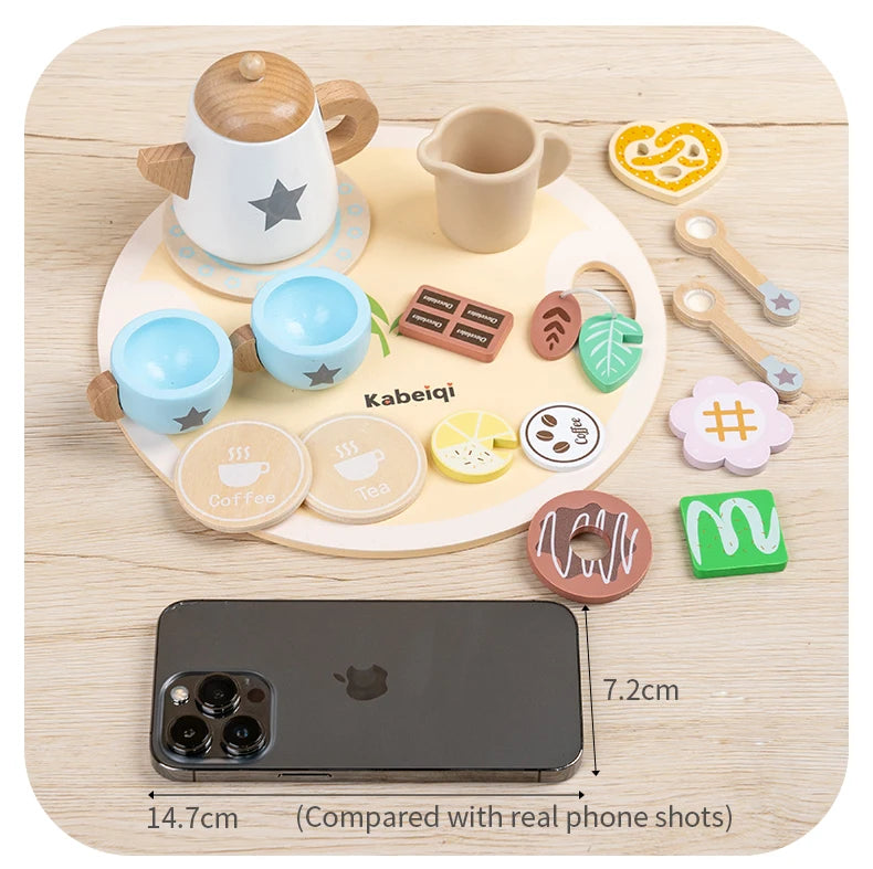 Wooden Kitchen Play Toys Kitchen Simulation Tea Set Afternoon Tea Activity Games Pretend Play Kitchen Accessories Toy for Kids Good Vibrations