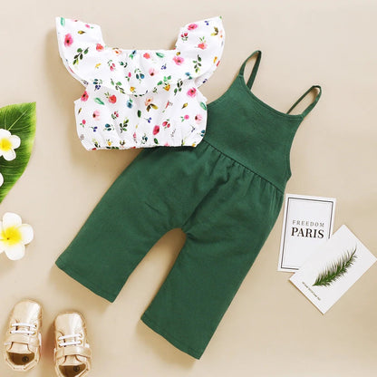 1-5Years Toddler Girl Clothes Set Floral Print Lotus Leaf Sleeve Top+ Suspender Pant Summer Fashion  2PCS Outfits for Kids Girl Good Vibrations