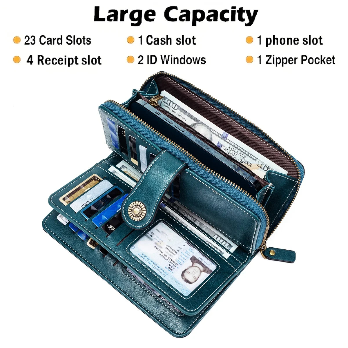 Rfid Anti-Theft Wallet for Men and Women, European and American Retro Leather Long Wallet Clutch, Oil Wax Leather Cut Out Multi-Card Slot Wallet, Large Capacity Zipper 70% off Clutch Bag, Card Holder Coin Purse Hand Bag Good Vibrations