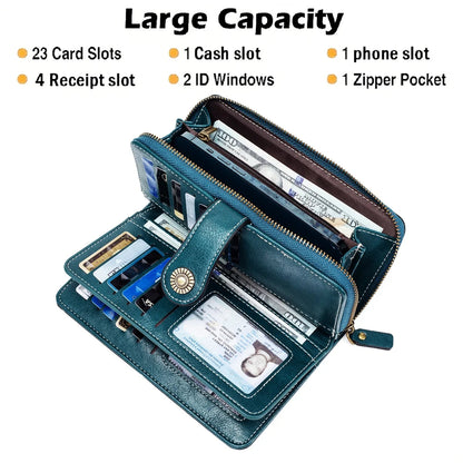 Rfid Anti-Theft Wallet for Men and Women, European and American Retro Leather Long Wallet Clutch, Oil Wax Leather Cut Out Multi-Card Slot Wallet, Large Capacity Zipper 70% off Clutch Bag, Card Holder Coin Purse Hand Bag Good Vibrations