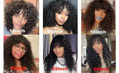 Water Wave Human Hair Wigs with Bangs None Lace Front Wigs Glueless Wigs Virgin Hair for Women 180% Machine Made Wigs Natural Good Vibrations