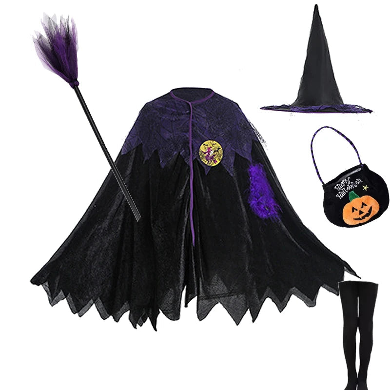 Halloween Costume for Girls Witch Vampire Carnival Party Dress Up Trappings Kids Cosplay Clothes Purple Bat Suit Holiday Gifts Good Vibrations