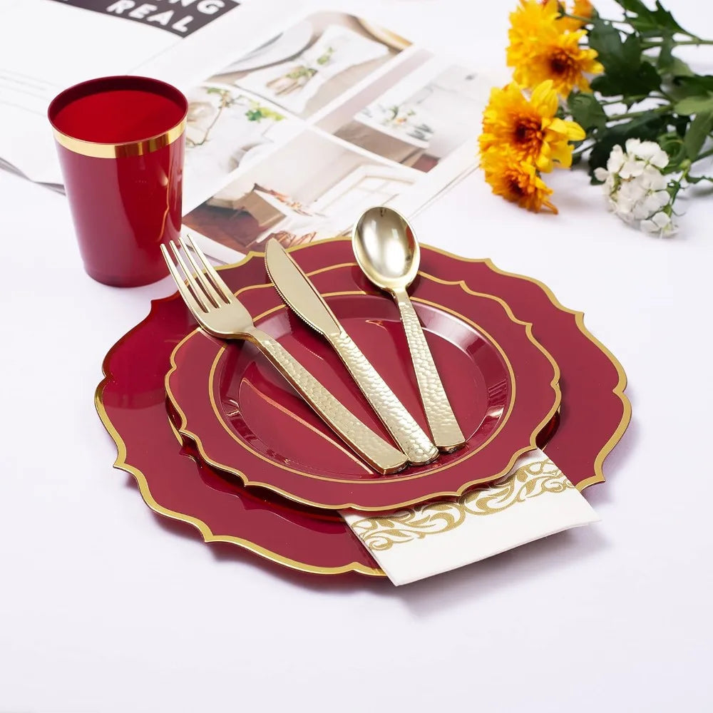 Plates Disposable, 50 Plastic Maroon Plates, Red Plastic Dinnerware Set, 25 10oz Cups, 75 Gold Cutlery, 25 Gold Napkins Good Vibrations