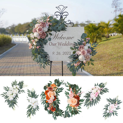 Yannew Artificial Wedding Arch Flowers Kit Boho Dusty Rose Blue Eucalyptus Garland Drapes for Wedding Decorations Welcome Sign Good Vibrations