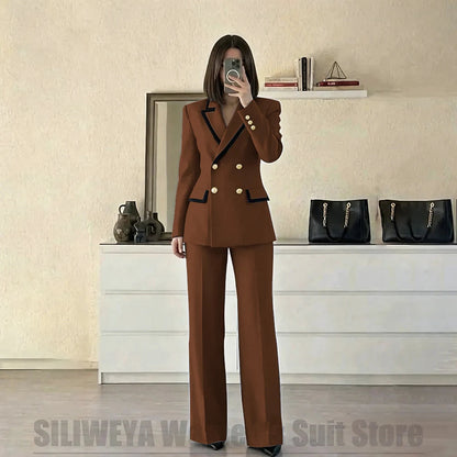Women's Red Suit Two Piece Set Double Breasted Blazer with Black Trim and Pants Elegant Formal Fashion Daily Casual Party Tuxedo Good Vibrations