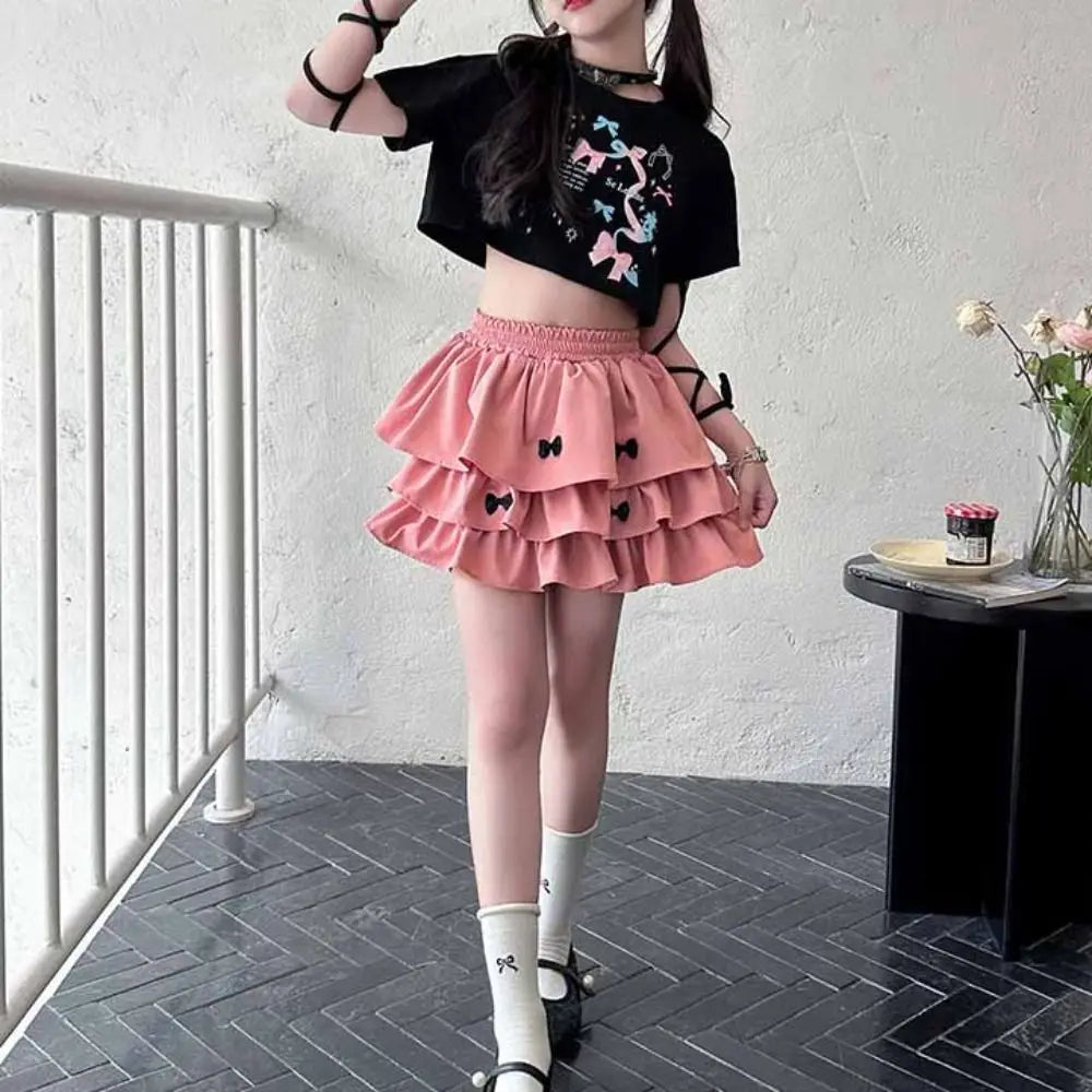 Outfits Y2K Bow Children Cake Skirt Set Pleated Teenagers T-shirt Skirt Suit Sweet Slim Fit Girls Clothes Set Summer Good Vibrations