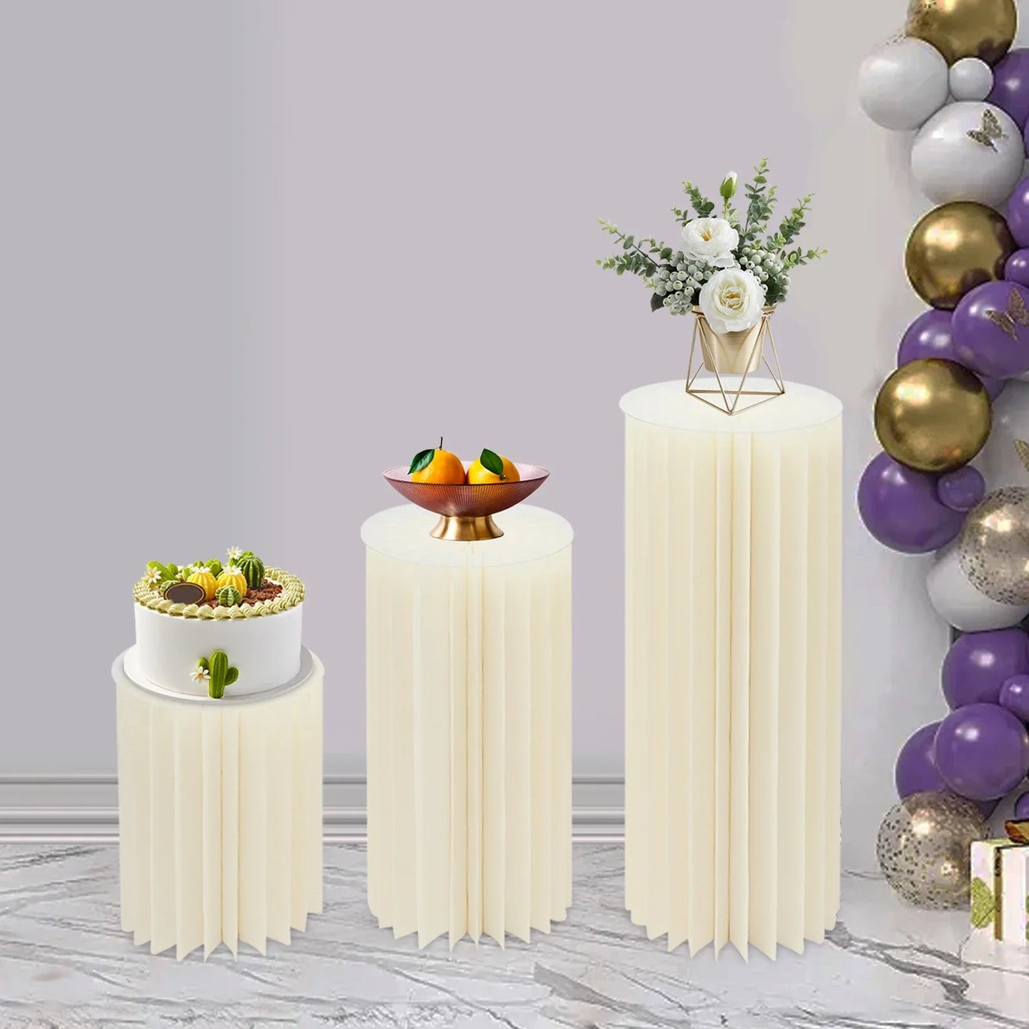 3pcs White Honeycomb Flower Vase Pillar Column Stand Foldable Cardboard Flower Display Cylinder Stand Paper Flower Pedestal Good Vibrations