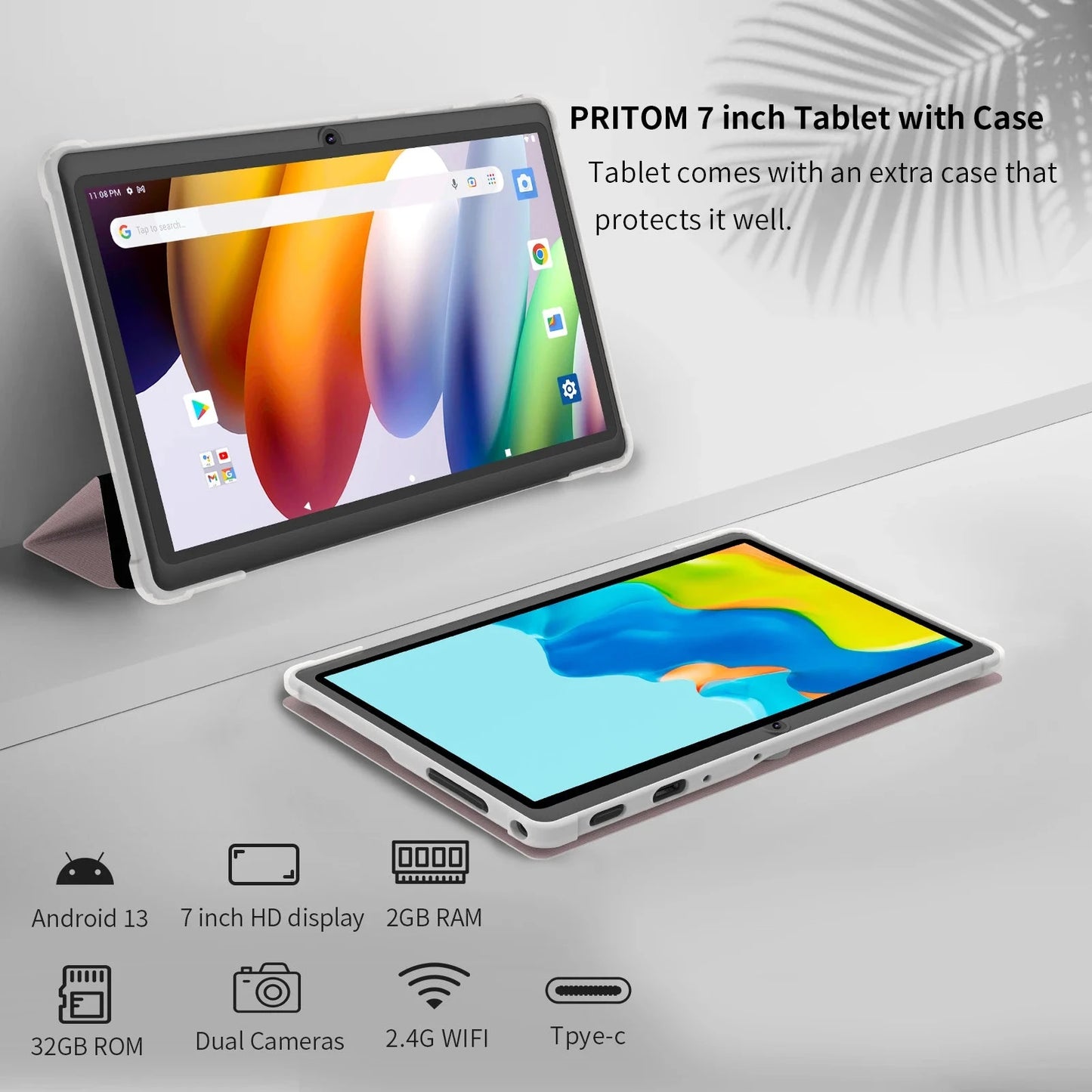 Pritom 7 Inch Tablet PC, Android 13 Quad Core, 4GB(2+2GB Virtual) RAM 32GB ROM, WiFi, Dual Camera, USB C, with Leather Case Good Vibrations