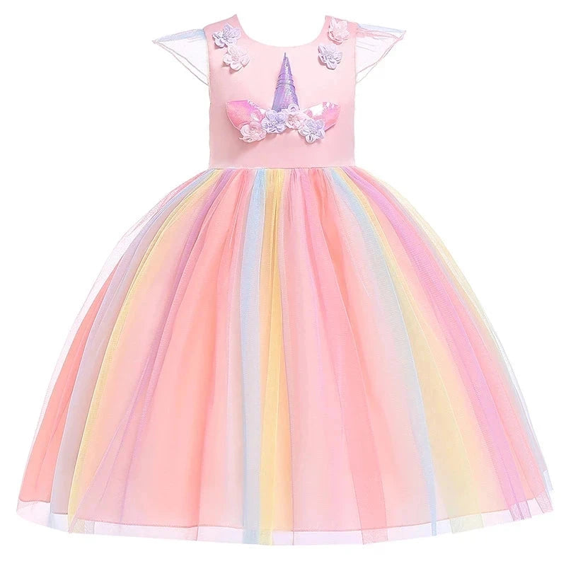 Kids Unicorn Dress for Girls Party Dresses Flower Appliques Ball Gown Little Girl Princess Costumes Summer Children Clothing Good Vibrations