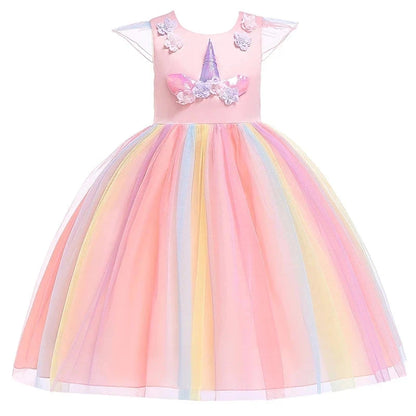 Kids Unicorn Dress for Girls Party Dresses Flower Appliques Ball Gown Little Girl Princess Costumes Summer Children Clothing Good Vibrations