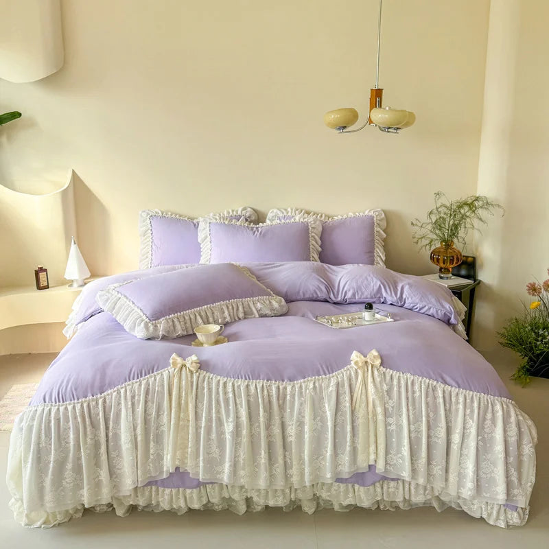 Korean style Princess lace bow bedding set pink sweet girl chiffon ruffles duvet cover bed sheet pillowcase wedding home textile Good Vibrations