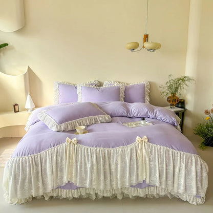 Korean style Princess lace bow bedding set pink sweet girl chiffon ruffles duvet cover bed sheet pillowcase wedding home textile Good Vibrations