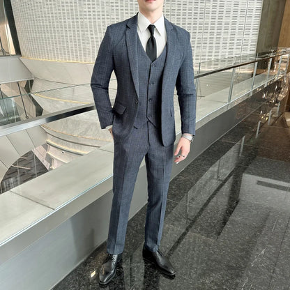 Quality Three-piece Suit Vest Trousers Set for Men Korean Fashion Slim Fit Business Casual Wedding Handsome Style