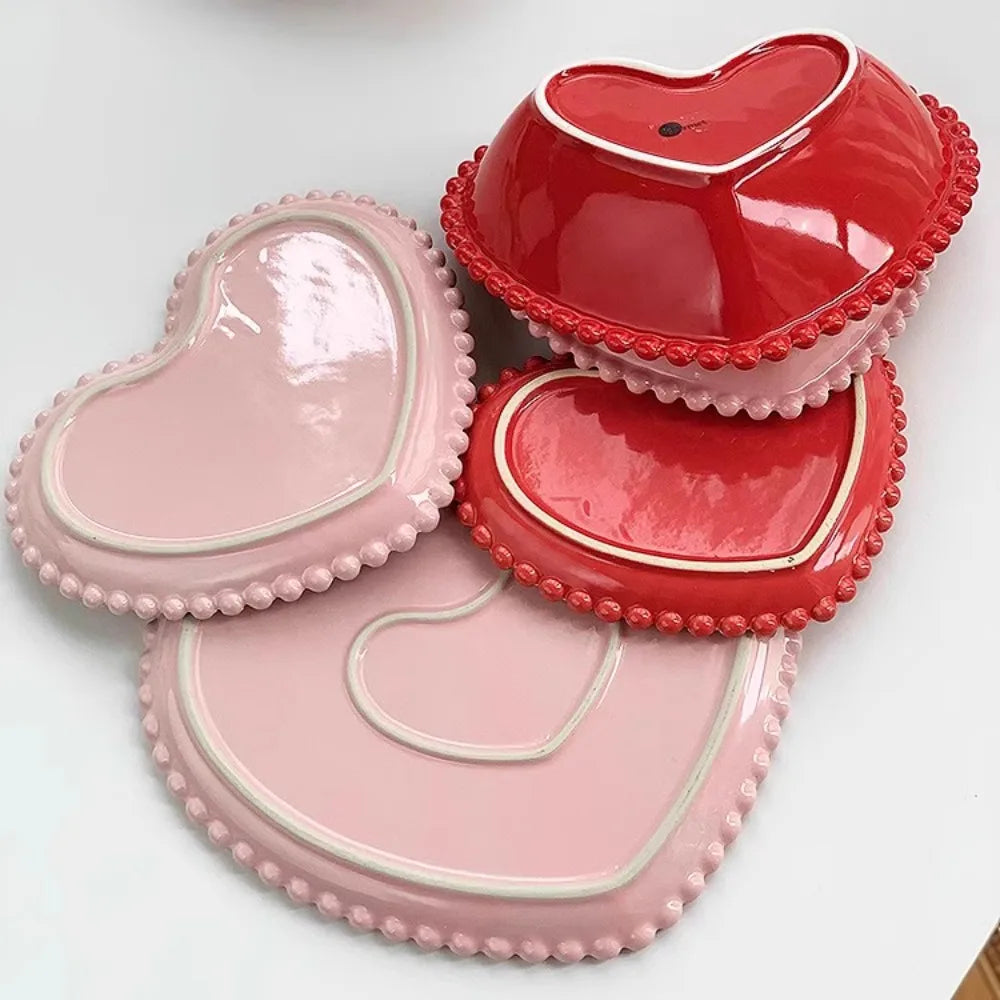 Creative Pink Bead Dots Ceramic Heart Dinner Plate Tableware Home Dessert Cake Plate Porcelain Salad Plate Kitchen Utensils New Good Vibrations