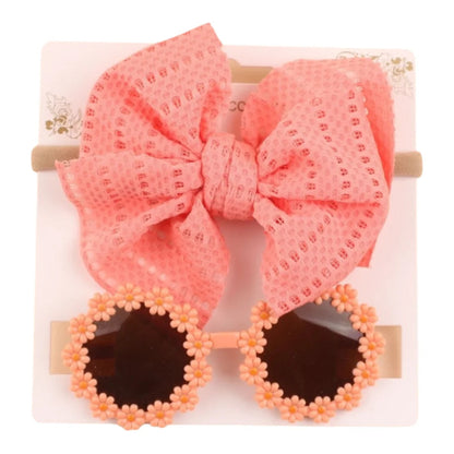 2pcs/set Soft Elastic Children Bowknot Headband Cotton Solid Color Baby Bows Turban Wide Kids Sunglasses Set Girls Headdress Good Vibrations