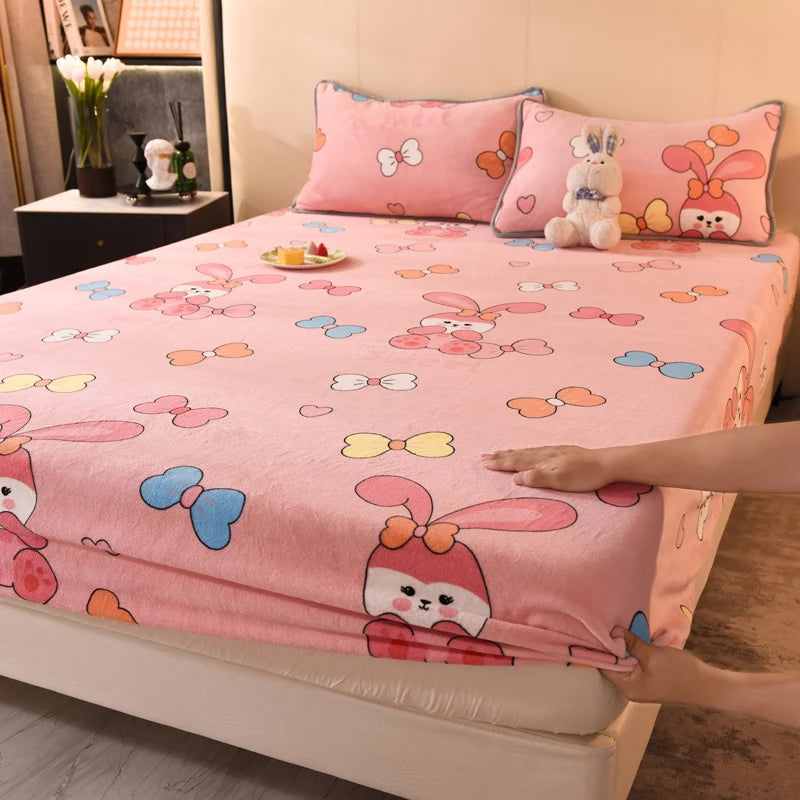 Queen Double Size Bed Sheet Polyester Elastic Fitted Sheet Velvet Soft Flannel Warm Mattress Cover King Full Twin Size Winter