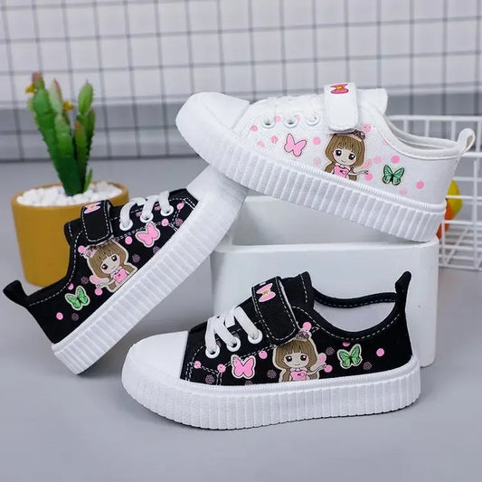 Children's Canvas Shoes Spring Autumn White Embroidery Cartoon Boys and Girls Single Shoes Pink Soft Non-slip Kids Casual Shoes Good Vibrations