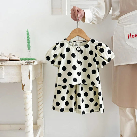 Korean-style new summer girls' outfit: round polka dot short top and loose wide-leg pants two-piece children's clothing set Good Vibrations