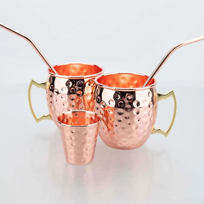 Moscow Mule Mug Set with Straw Copper Plated Hammered 350ml - 304 Stainless Steel Mini Cups with Gift Box for Bar and Home Good Vibrations