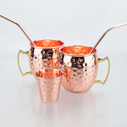 Moscow Mule Mug Set with Straw Copper Plated Hammered 350ml - 304 Stainless Steel Mini Cups with Gift Box for Bar and Home Good Vibrations