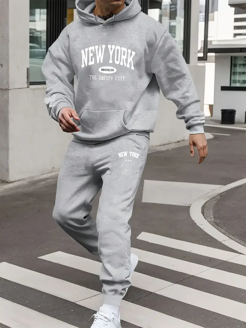 Men's Velvet Thickened Sports Set New York Letter Printed Spring and Autumn Hoodie Set Long Sleeve Casual Comfortable Pocket Hoo Good Vibrations