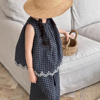 Girls' Summer Outfit New Kids Temperament Plaid Lace Vest+Wide Leg Pants Two-piece Set Trendy Children's Clothing Sets Good Vibrations