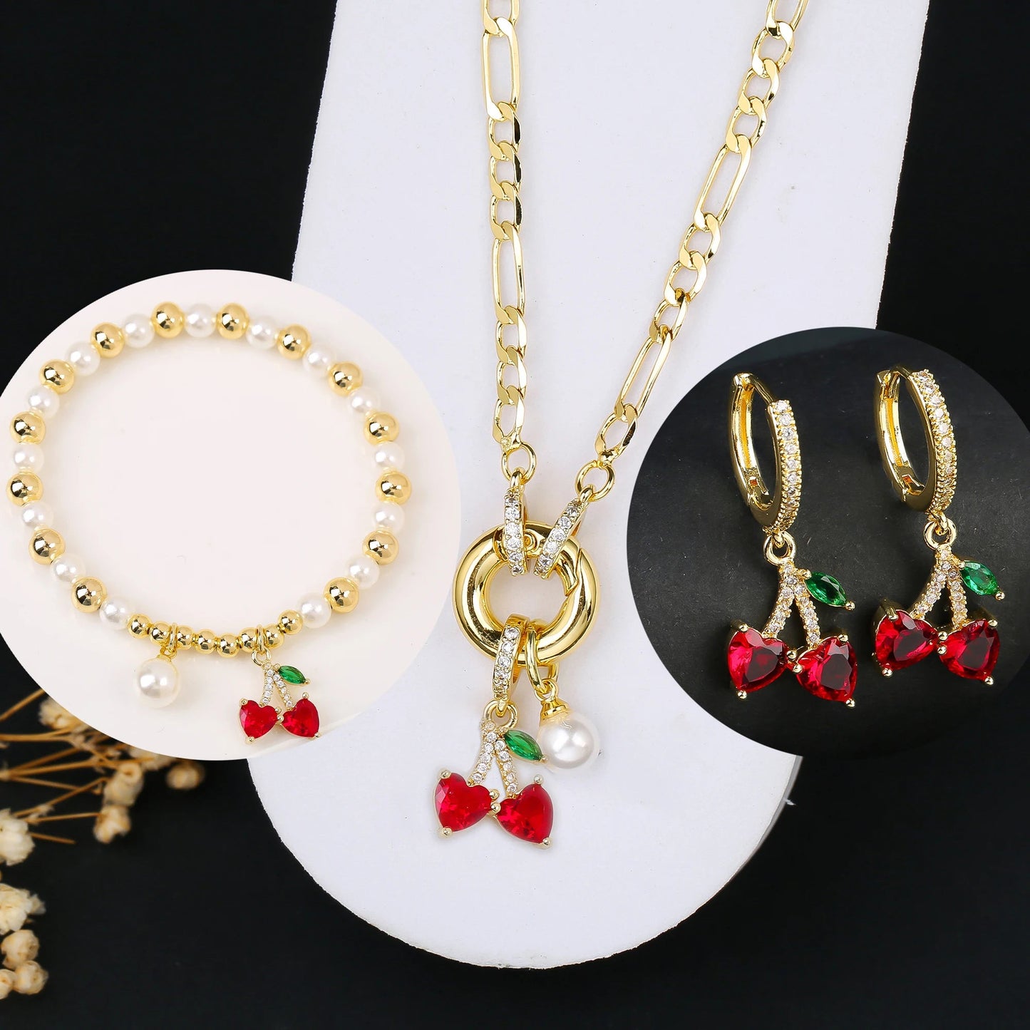 3pcs Hot Sale Shiny Zirconia Crystal Cherry Necklace Bracelet Earrings Jewelry Set Fashion for Woman Girl Wedding Lucky Jewelry Good Vibrations Adult Super Store