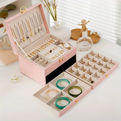 Jewelry Organizer Box, Women Jewelry Box 3 Layers with 2 Drawers, Large Jewelry Organizers Jewelry Boxes Display
