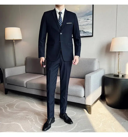 Suit (suit +Vest+Pants) Formal Business Men Four Seasons Professional Fashion Gentleman Solid Color Outdoor British Style Suit