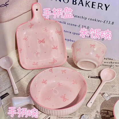 Pink Bow Ceramic Cutlery Set, Dessert Home Tableware Ceramic Handle Bowl Yogurt Cup High Value Breakfast Plate Drinkware Good Vibrations