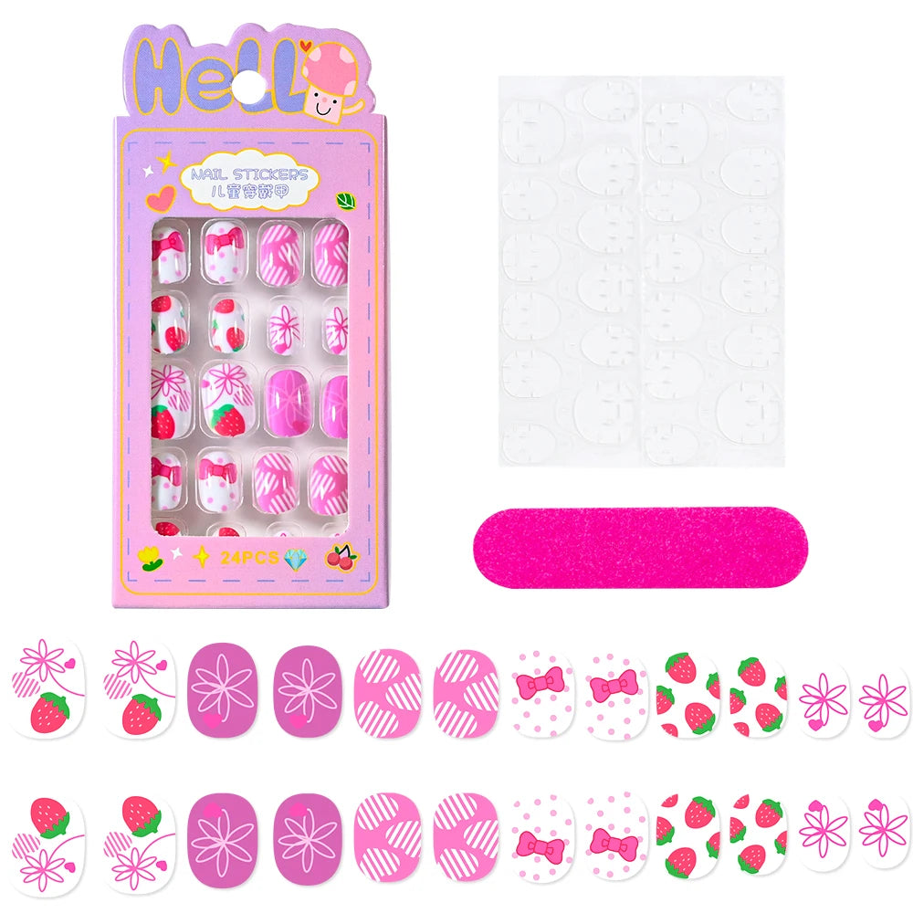 24Pcs/box Kids nails for Girl Cartoon Pattern False Nail Cute Child Fake Nails Tips Kawaii Acrylic Artificial Press on Nail+Tool Good Vibrations