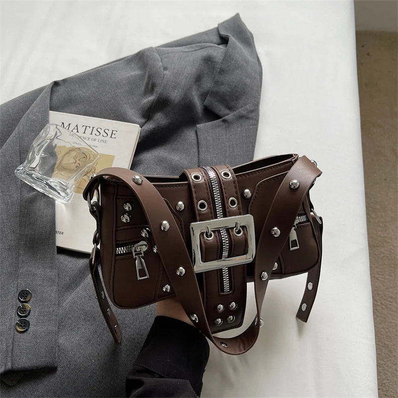 Shoulder Bag for Women Punk Style Purse PU Leather Rock Fashion Handbags with Rivet Small Trendy Armpit Purse Bolso Mujer сумка Good Vibrations