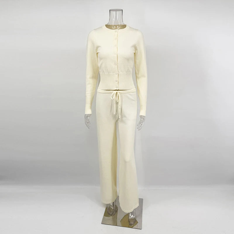 Tornova 2025 Fall Winter Knitted Suit Solid Cardigan Top Women's O neck Knitted Sweater Straight Trousers Two Piece Set Casual Good Vibrations