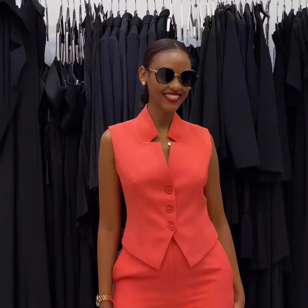 Two Piece Sets Women Pant Set V Neck Sleeveless Single Breasted Blazer Suits Tops Wide Leg Long Pants High Waist Matching Sets Good Vibrations