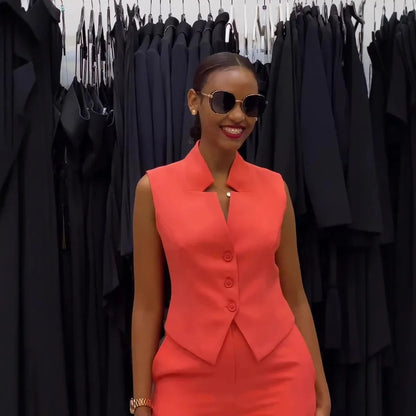 Two Piece Sets Women Pant Set V Neck Sleeveless Single Breasted Blazer Suits Tops Wide Leg Long Pants High Waist Matching Sets Good Vibrations