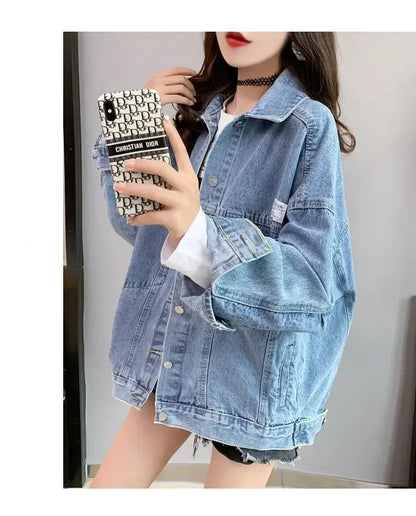Casual Long Sleeve Denim Shirt Women's Versatile Spring Autumn Wear Multiple Times Outerwear Polyester Fiber Loose Fit Good Vibrations
