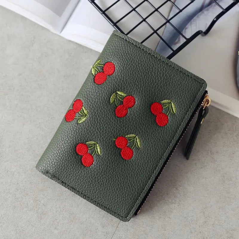 Women Vertical Buckle Cherry Embroidered Small Short Wallet Simple Wallet Girls Zipper Purse Good Vibrations