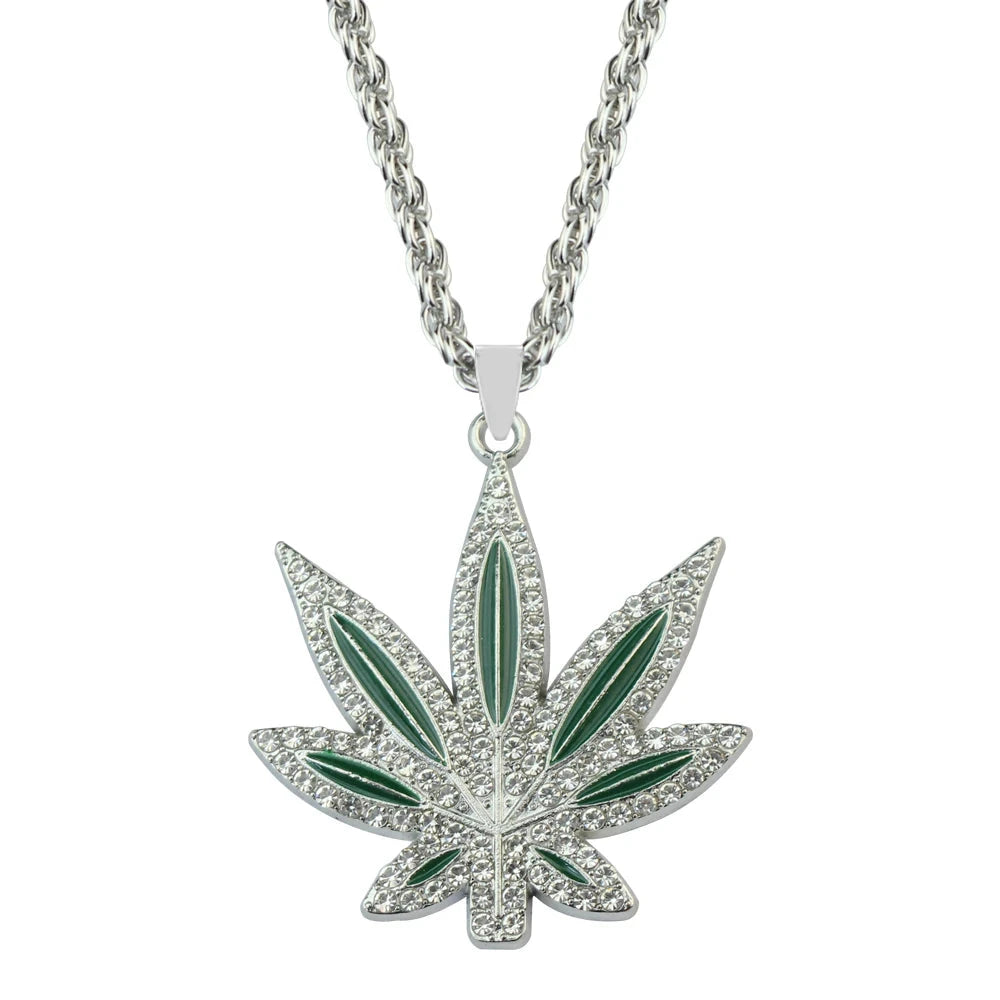 Rhinestone Weed Pendant Necklace Maple Leaf Necklaces Gold Color Chains for Women men Male Steampunk Jewelry Good Vibrations Adult Super Store