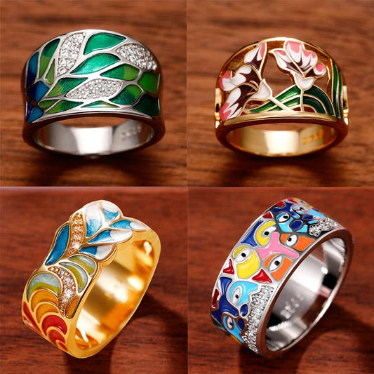 Green Leaf Enamel Handmade Oil Dropping Women's Ring Charm High Luxury Westernized  Prom Fancy Birthday Gift Fashion Jewelry Good Vibrations