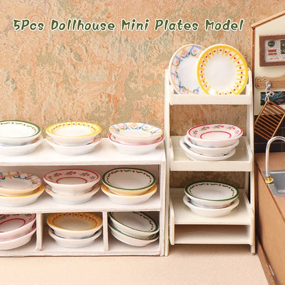 Dollhouse Simulation Plates Set of 5, 1/12 Scale Kitchen Accessories for Pretend Play Good Vibrations