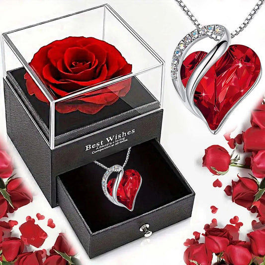 New Hot Selling Valentine's Day Gift Ocean Heart Love Necklace with Eternal Rose Jewelry Box For Girl Mother's Day Gifts Good Vibrations