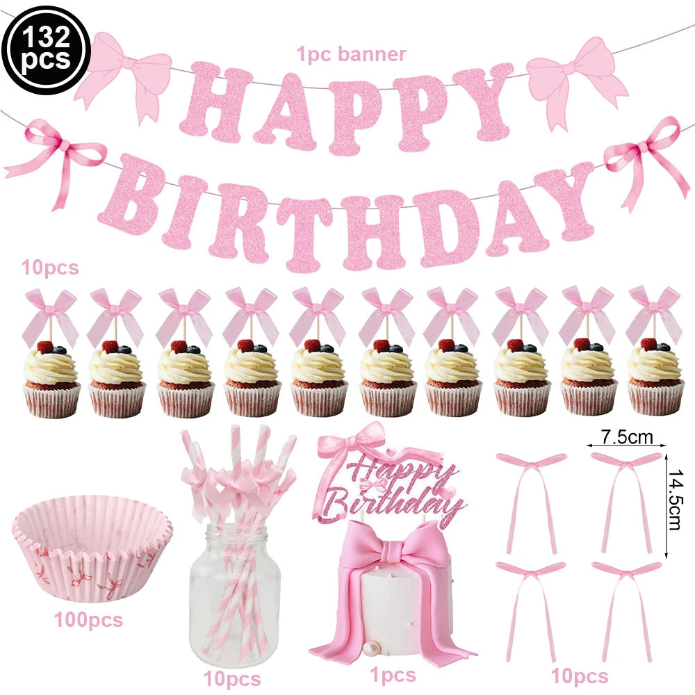Pink Banner Happy Birthday Bow Balloon Straw Disposable Paper Plate Napkin Cup Tableware Princess Girl Birthday Party Supplies Good Vibrations