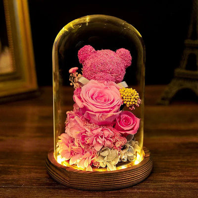 Valentine's Day Gift for Girlfriend Eternal Preserved Rose Flower Gift Box Teddy Bear Eternal Flower with Lights Gift for Women