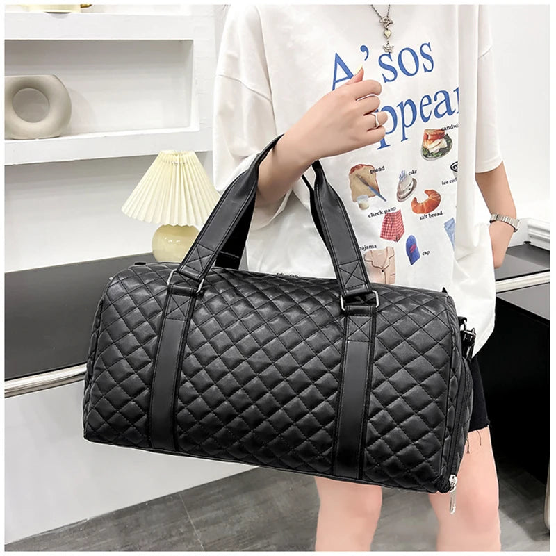 Duffle Tote Gym Fitness Bags for Woman PU Leather Handbag Travel Luggage Shoulder Sports Shoes Pocket Weekend Crossbody Bags Good Vibrations