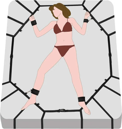 Sex bed restraint system with nylon handcuffs and ankle cuffs.